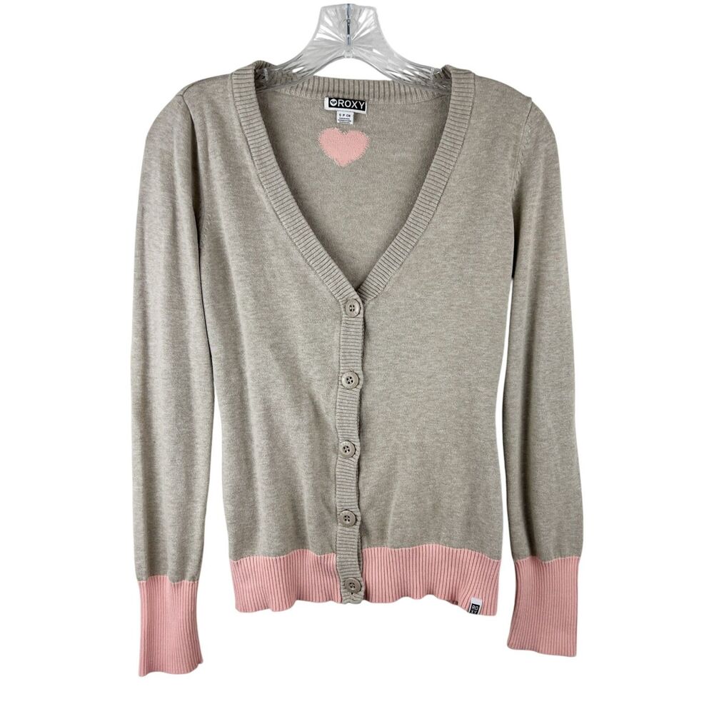 Roxy Sweater Women Small Cardigan Brown Pink Button Up Long Sleeve Heart Design